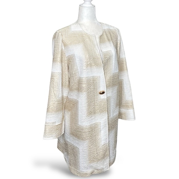 Chico's Jackets & Blazers - Chico's Travelers Crinkle Long Cardigan Duster Blazer Jacket Gold White Sz L/2